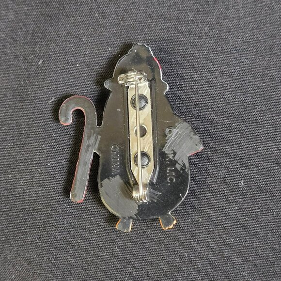 Vintage Plastic Penguin Holiday Brooch With Candy Cane & Red Scarf - Picture 3 of 5